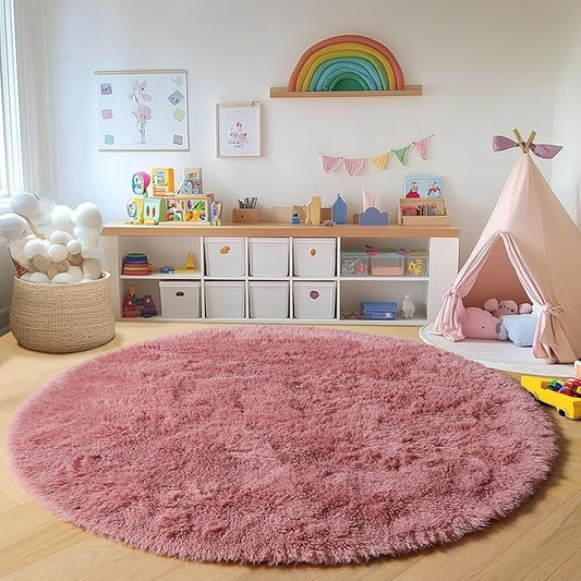 ONASAR Blush Round Rugs 6ft for Living Room Bedroom, Fluffy Circle Area Rug for Kids Girls Boys Teen, Soft Plush Shaggy Carpet for Nursery Dorm Classroom Playroom Home Decor Aesthetic