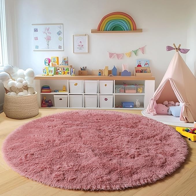 ONASAR Blush Round Area Rugs 4ft for Bedroom Living Room, Fluffy Circle Rug for Kids Girls Boys Teen, Soft Plush Shaggy Carpet for Nursery Dorm Classroom Playroom Home Decor Aesthetic