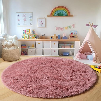 ONASAR Blush Round Area Rugs 4ft for Bedroom Living Room, Fluffy Circle Rug for Kids Girls Boys Teen, Soft Plush Shaggy Carpet for Nursery Dorm Classroom Playroom Home Decor Aesthetic