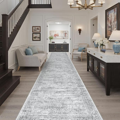 Hallway Runner 3x14 - Runner Rugs 14ft Washable Entryway Rug Vintage Kitchen Runners Non Slip Indoor Rug Farmhouse Carpet Runner for Bathroom Living Room Bedroom, Grey