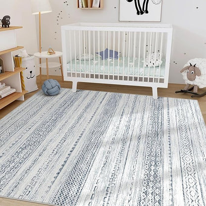 Nakagishi 8x10 Area Rugs Living Room: Washable Boho Large Neutral Soft Farmhouse Rug Stain Resistant Modern Indoor Floor Non-Slip Carpet for Bedroom Nursery Kids Playroom Office Dining Dorm-White Blue