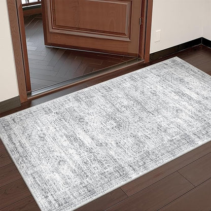 2x4 Washable Rug Runner for Bathroom, Soft Entryway Rug for Laundry Room, Kitchen, Vintage Abstract Hallway Runner for Bedroom, Anti-Slip Door Mat Indoor Entrance(2'x4', Grey/Ivory)