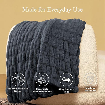 Ultra Soft Cozy Faux Fur Throw Blanket, Fuzzy Plush Thick Bubble Blanket, Oversize Luxury Fluffy Blanket for Couch, Sofa, Bedroom, and Living Room,50x60 Inches,Double Sided Charcoal Gray