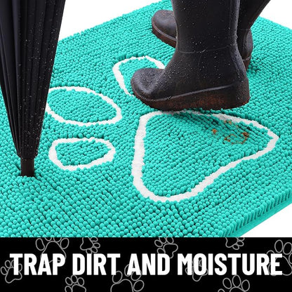 Smiry Dog Door Mat for Muddy Paws, Absorbent Dirt Trapper Non Slip Quick Dry Washable Chenille Mat for Mud Dogs, Entry Rug for Indoor and Outdoor (40x32 Inches, Turquoise and White)