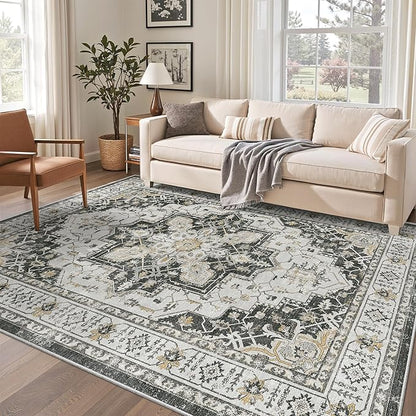 Madane 6x9 Area Rugs for Living Room, Stain Resistant Washable Rugs, Non-Slip Backing Area Rug, Vintage Home Decor Rug for Bedroom (Black, 6'x9')