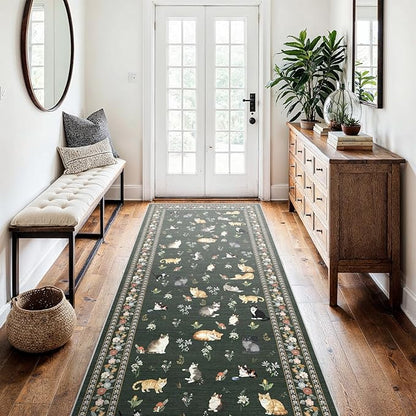 3x7 Washable Kitchen Runner Rug - Soft Low Pile Floral Animal Cat Print Rugs with Non-Slip Backing Waterproof Stain-Resistant Indoor Carpet for Hallway Entryway Bathroom Bedroom (Sage Green)