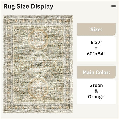 5x7 Area Rugs Green Orange Low Pile Indoor Washable Trendy Faded Style Rugs for Bedroom Living Room Dining Room Foldable Non-Slip Thin Print Mat