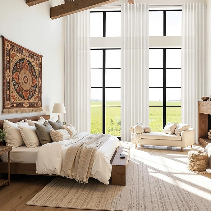 Ivory White Linen Curtains for Living Room 126 Inches Long Light Filtering Semi Sheer Curtain Back Tab Neutral Modern Farmhouse Decor Drapes Floor to Ceiling High Window for Bedroom 52x126, 2 Panels