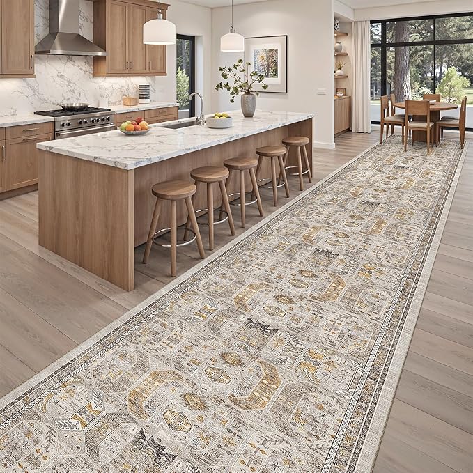 Madane 3x20 Hallway Runner Rug - Extra Long Carpet Runners for Hallways 20ft Non Slip Stain Resistant Rugs Runner for Living Room Bedroom 20 Feet Distressed Floor Carpet for Kitchen, Brown/Gold