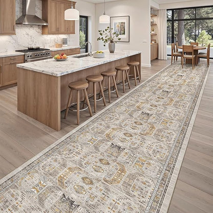 Madane 3x20 Hallway Runner Rug - Extra Long Carpet Runners for Hallways 20ft Non Slip Stain Resistant Rugs Runner for Living Room Bedroom 20 Feet Distressed Floor Carpet for Kitchen, Brown/Gold