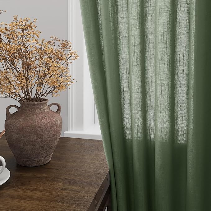 Extended Curtain Olive Green Linen Sheer Curtains for Living Room 2 Panels Set 116 Inch Length Back Tab Light Filtering & Breathability Semi Sheer Curtain Drapes for Bedroom Living Room 52x116