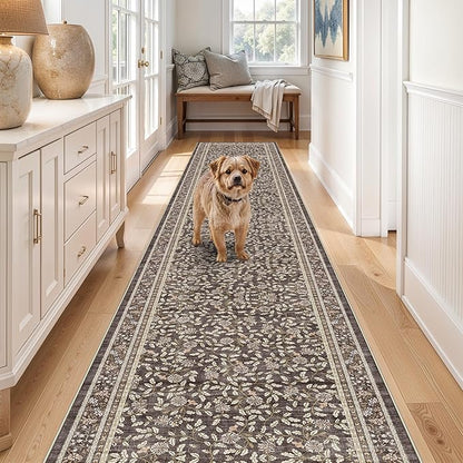 TOPRUUG 2x12 Washable Runner Rug - 12ft Runners for Hallway Non Slip Kitchen Rugs Soft Low Pile Carpet for Bedroom Bathroom Entryway - Stain Resistant Vintage Home Decor (Floral Charcoal, 2X12)