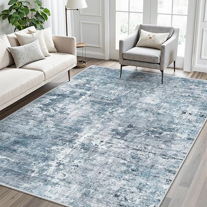 7x9 Area Rug for Living Room Washable Abstract Vintage Soft Thin Indoor Floor Non-Slip Carpet for Bedroom Dining Room Blue Grey