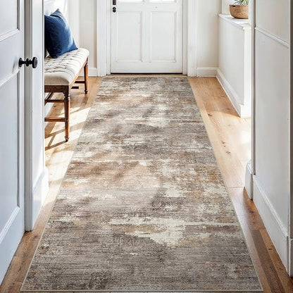 2'6''x8' Washable Kitchen Runner Rug: Modern Abstract Runners for Hallway Soft Non Slip Rugs with Rubber Backing Low Pile Thin Floor Carpet for Entryway Bedroom Bathroom Indoor(Brown/Brick,2'6''x8')