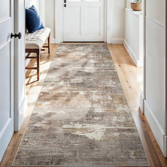 2'6''x8' Washable Kitchen Runner Rug: Modern Abstract Runners for Hallway Soft Non Slip Rugs with Rubber Backing Low Pile Thin Floor Carpet for Entryway Bedroom Bathroom Indoor(Brown/Brick,2'6''x8')