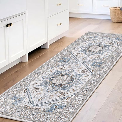 OPPODREAM Soft Entryway Rug 2x6, 2x6 Rug Runner, Neutral Washable Hallways Carpet 2 x 6 with Non Slip Backing, Low-Pile Bedside Carpet 2 x 6, Long, Faux Cashmere, Cream White & Blue & Light Brown