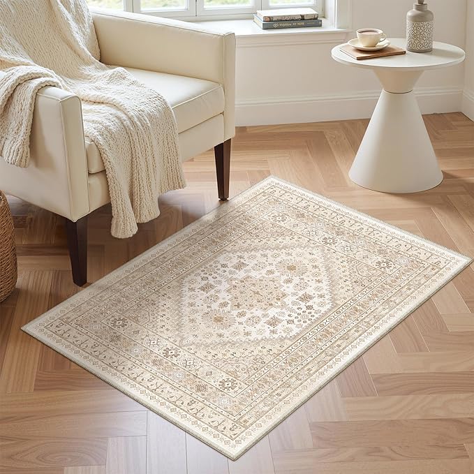 zesthome 2x3 Entryway Rug, Soft Washable Rugs, Non Slip Area Rug, Stain Resistant Low Pile Rugs for Bedroom, Vintage Rug for Door Mat, Kitchen (Cream/Beige,2'x3')