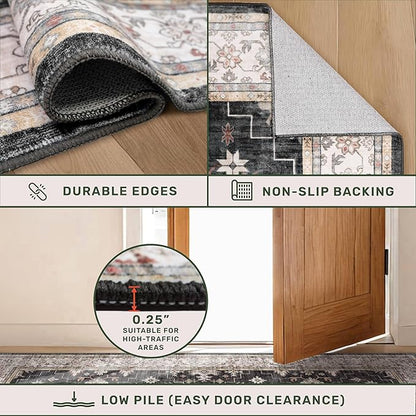 Black Washable 8ft Long Runners for Hallways, 3x8 Kitchen Runner Rug, Entryway Indoor Runner, Non Slip Boho Vintage Floor Décor for High Traffic Area