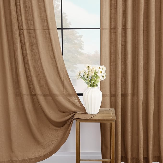 Brown Curtains for Living Room Back Tab Modern Farmhouse Semi Sheer Curtains 120 inches Long 2 Panels Set Muted Neutral Window Curtain for Dining Room Bedroom 52x120