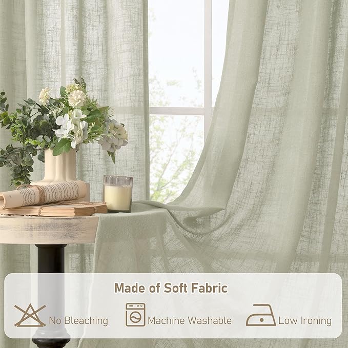 LAMIT Linen Curtains for Living Room 84 Inch Length, Bronze Grommet Light Filtering Semi Sheer Drapes Neutral Rustic Farmhouse Boho Panels for Bedroom, 2 Panels, Sage Grey, 52 x 84 Inch