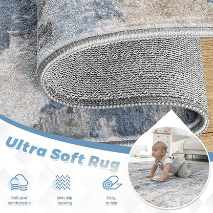 pmtsns Area Rugs 6x9 for Living Room: Washable Rug Modern Abstract Neutral Soft Non-Slip Low-Pile Indoor Carpet for Bedroom Dining Room Playroom Home Office (Light Blue Brown, 6'x9')