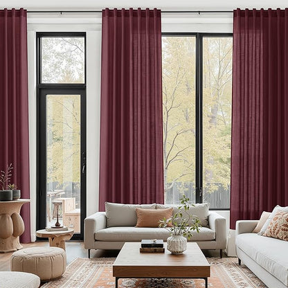 Nanspring Burgundy Linen Curtains for Living Room 126 Inches Long Light Filtering Semi Sheer Curtain Back Tab Vintage Boho Decor Drapes Floor to Ceiling High Window for Bedroom 52x126, 2 Panels