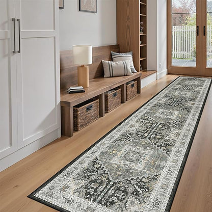 Madane Runner Rugs 2x12 Extra Long, Washable Non-Slip Hallway Runner Rug Low-Pile Carpet Runner for Kitchen Entrance Living Dining Laundry Room, Grey Green/Black Olive