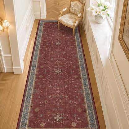 Dark Red 2'6''x8' Wide Hallway Runner Rug - Washable Kitchen Sink Rug, Non Slip 8ft Long Runner Rug for Entryway, Burgundy Turkish Floral Print Home Décor