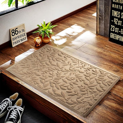 Beige Leaves Outdoor Indoor Entrance Doormats, Absorbent Durable Heavy Duty Welcome Front Door Mat,Thick Natural Rubber Back,Easy Clean Entryway Mat 23x35 Inch, Low Profile