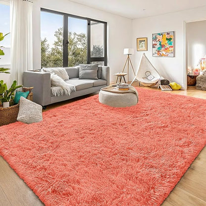 OLANLY 9x12 Machine Washable Large Area Rugs for Living Room, Bedroom, Soft Fluffy Shaggy Bedside Rug, Indoor Floor Carpet for Kids Girls and Boys, Dorms, Nursery, Home Decor, Coral Red