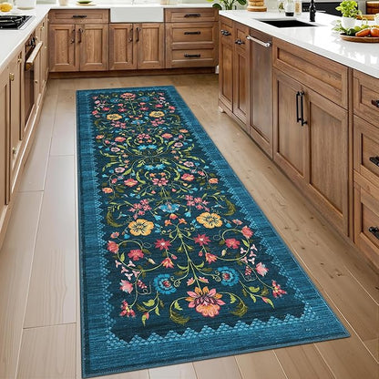GarveeHome Floral Rug 2.5x8 Runners for Hallways, Boho Kitchen Runner Rugs Non Slip Bath Runners, Vintage Washable Runner Rug for Bedroom, Soft Long Rugs for Entryway Bathroom Laundry Dorm, Blue