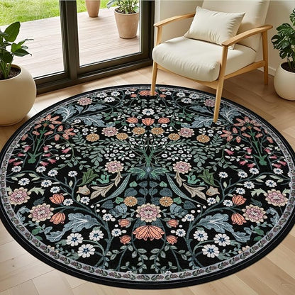 Round Area Rug for Living Room: 4 ft Floral Washable Circle Rug Soft Boho Non-Slip Carpet Indoor Stain Resistant Low Pile Small Circular Rug for Bedroom Entryway Kitchen Nursery Home Office Dark Black
