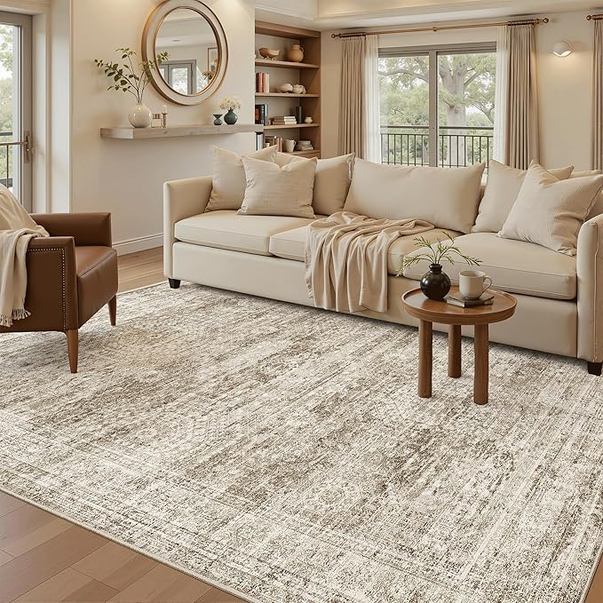 7x9 Area Rug for Living Room Washable Abstract Vintage Soft Thin Indoor Floor Non-Slip Carpet for Bedroom Dining Room Brown