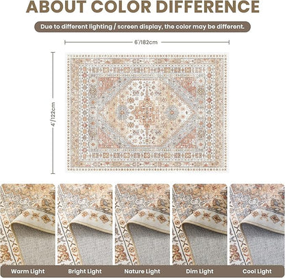 zesthome 4x6 Rug - Stain Resistant Washable Rug, Anti Slip Backing Rugs for Living Room, Foldable Vintage Small Area Rugs(Orange,4'x6')