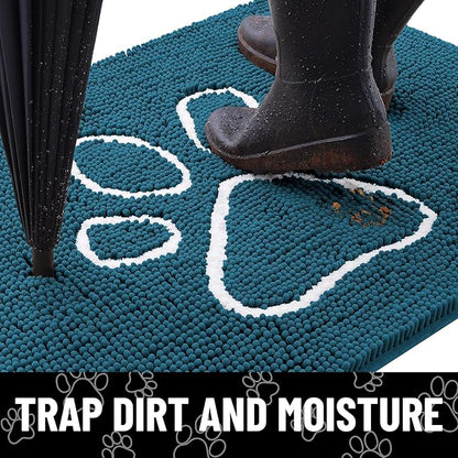 Smiry Dog Door Mat for Muddy Paws, Absorbent Dirt Trapper Non Slip Quick Dry Washable Chenille Mat for Mud Dogs, Entry Rug for Indoor and Outdoor (59x24 Inches, Atlantic Blue and White)