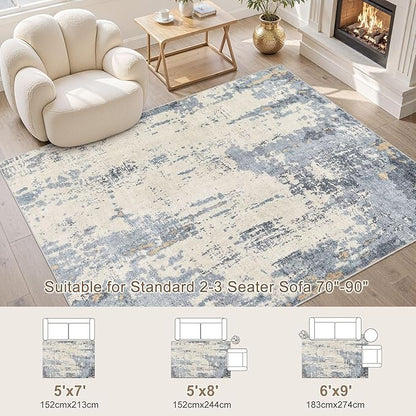 UERMEI 5x7 Area Rug Living Room Rugs - Washable Neutral Modern Abstract Soft Thin Rug Indoor Floor No Slip Rug Carpet for Bedroom Under Dining Table Home Office Decor - Blue/Light Brown