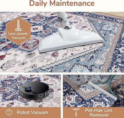 OPPODREAM Soft Round Rug 3ft, Washable Circle Rug 3ft with Non Slip Backing Play Room, Low-Pile Carpet 3 ft, Small Faux Cashmere Throw Carpet, Navy Blue & Red & Cream
