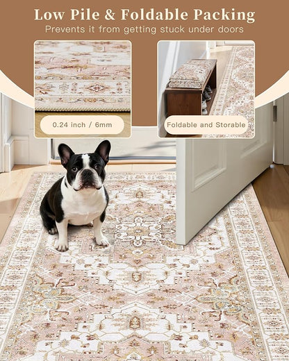 Madane Hallway Runner Rug 2x12, Extra Long Washable Runner Rugs with Rubber Backing, Non Slip Carpet Runner, Vintage Medallion Rug Runners for Kitchen Laundry Room Entryway (Pink, 2'x12')
