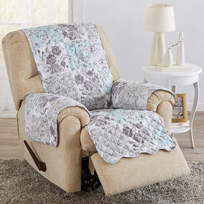 Great Bay Home Reversible Floral Patchwork Recliner Furniture Protector - Machine Washable, Scalloped Edge, Stain Resistant, Printed Furniture Cover for Dogs, Kids, and Pets (Gray/Aqua)