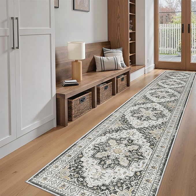 Madane Hallway Runner Rug 2x12, Extra Long Washable Runner Rugs with Rubber Backing, Non Slip Carpet Runner, Vintage Rug Runners for Kitchen Laundry Room Entryway (Black, 2'x12')