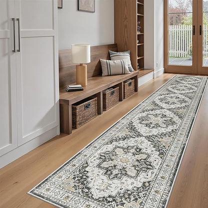 Madane Hallway Runner Rug 2x12, Extra Long Washable Runner Rugs with Rubber Backing, Non Slip Carpet Runner, Vintage Rug Runners for Kitchen Laundry Room Entryway (Black, 2'x12')