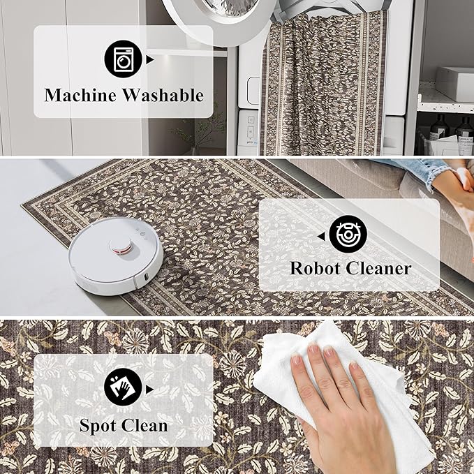 TOPRUUG 2x12 Washable Runner Rug - 12ft Runners for Hallway Non Slip Kitchen Rugs Soft Low Pile Carpet for Bedroom Bathroom Entryway - Stain Resistant Vintage Home Decor (Floral Charcoal, 2X12)
