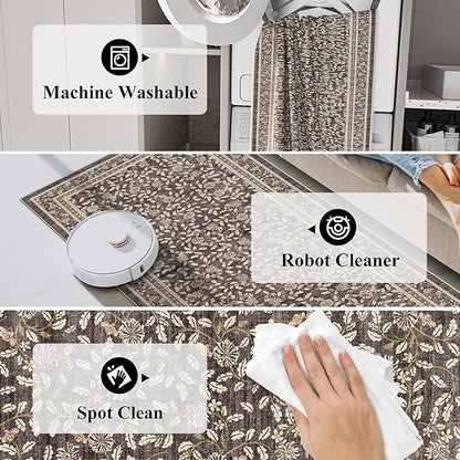 TOPRUUG 2x12 Washable Runner Rug - 12ft Runners for Hallway Non Slip Kitchen Rugs Soft Low Pile Carpet for Bedroom Bathroom Entryway - Stain Resistant Vintage Home Decor (Floral Charcoal, 2X12)