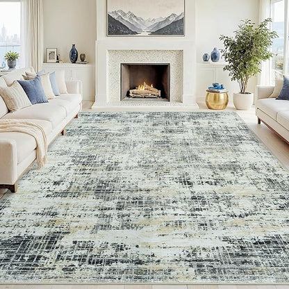 9x12 Area Rugs for Living Room Washable Rug: Anti-Skid Abstract Modern Living Room Rug Soft Thin Carpets Indoor Floor Non-Shedding Carpet for Bedroom Dining Farmhouse Nursery Black Gray Gold