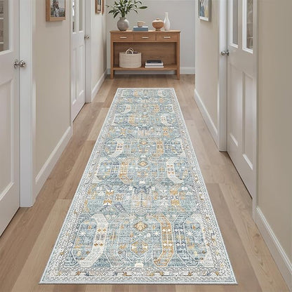 Madane Runner Rug 2x8, Washable Hallway Runner Rugs, Non-Slip Low-Pile Soft Kitchen Rug Runner Laundry Room Rug, Vintage Throw Entry Foyer Mat for Entrance Living Room (Blue/Gold, 2 x 8)