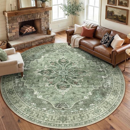 Area Rugs 8ft Washable Non-Slip, Floral Vintage Distress Print Pattern Medallion Carpet for Living Room Bedroom Dining Room, Dark Green Gray