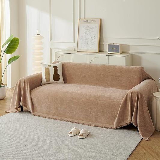 Couch Cover for Dogs, Boho Sofa Covers for 3 Cushion Couch, Chenille Sofa Slipcover for Pets Washable, L-Shape Sectional Couch Loveseat Cover Soft Throw Blankets with Tassels(71x118,Khaki)