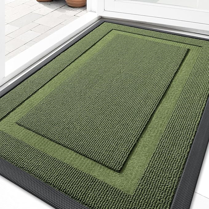OLANLY Front Door Mat Indoor Outdoor Entrance, Waterproof All-Season, All-Weather Doormat, Sturdy Natural Rubber, Low Profile, Easy Clean Patio Porch Entryway Mat, 33x21, Classic Green