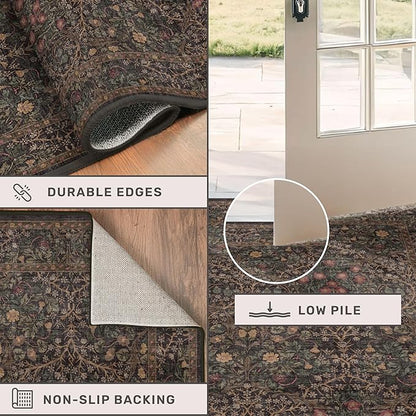 Dark Brown 2x4 Entryway Rug, Small Runners for Kitchen, Door Mat Indoor Entrance, Bathroom, Non-Slip Low-Pile Washable Stain Resistant, Vintage Floral Design