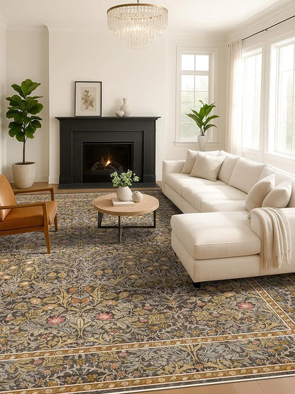 Vintage Floral Living Room Rug 8x10, Gold Brown Washable Area Rugs for Bedroom, Dining Room Under Kitchen Table, Oriental Low Pile Non-Slip Large Indoor Carpet with Taupe Yellow Earthy Tones